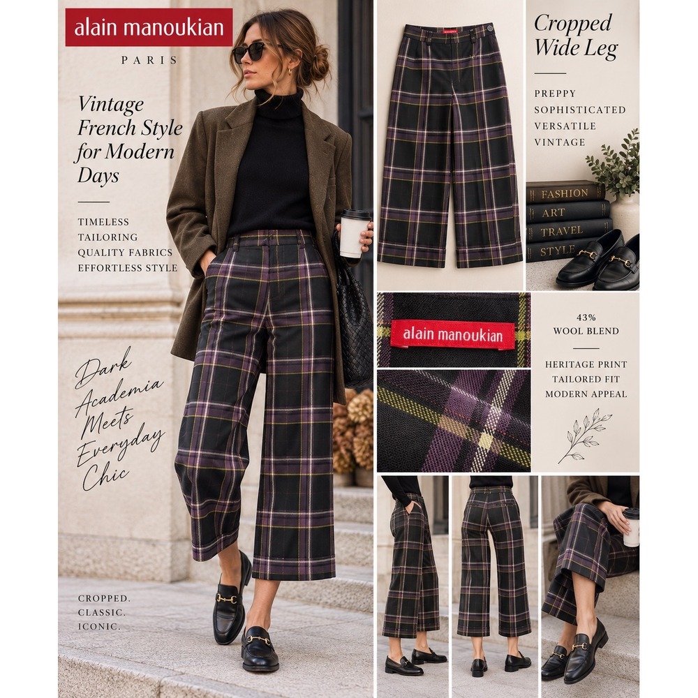 Vintage Alain Manoukian Wool Plaid Cropped Wide Leg Pant 10 DarkAcademia Grandpa